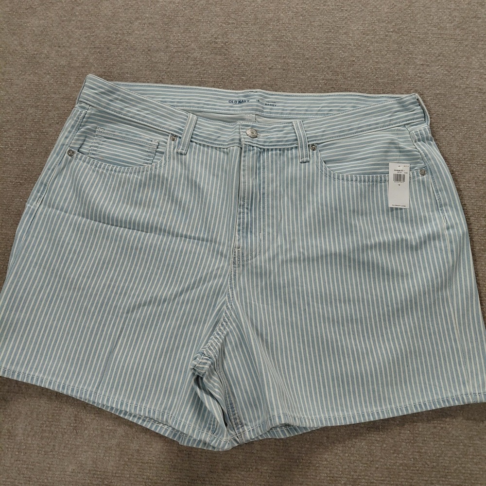 Old Navy Womens Curvy Baggy Denim Shorts Sz 16 Blue White Stripe High Rise